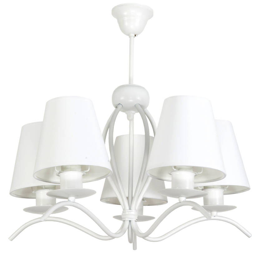 LAMPA WISZĄCA SUFITOWA ŻYRANDOL RETRO VINTAGE DO SALONU BIAŁE ABAŻURY 5xE27 RAMONA BIANCO 12-330