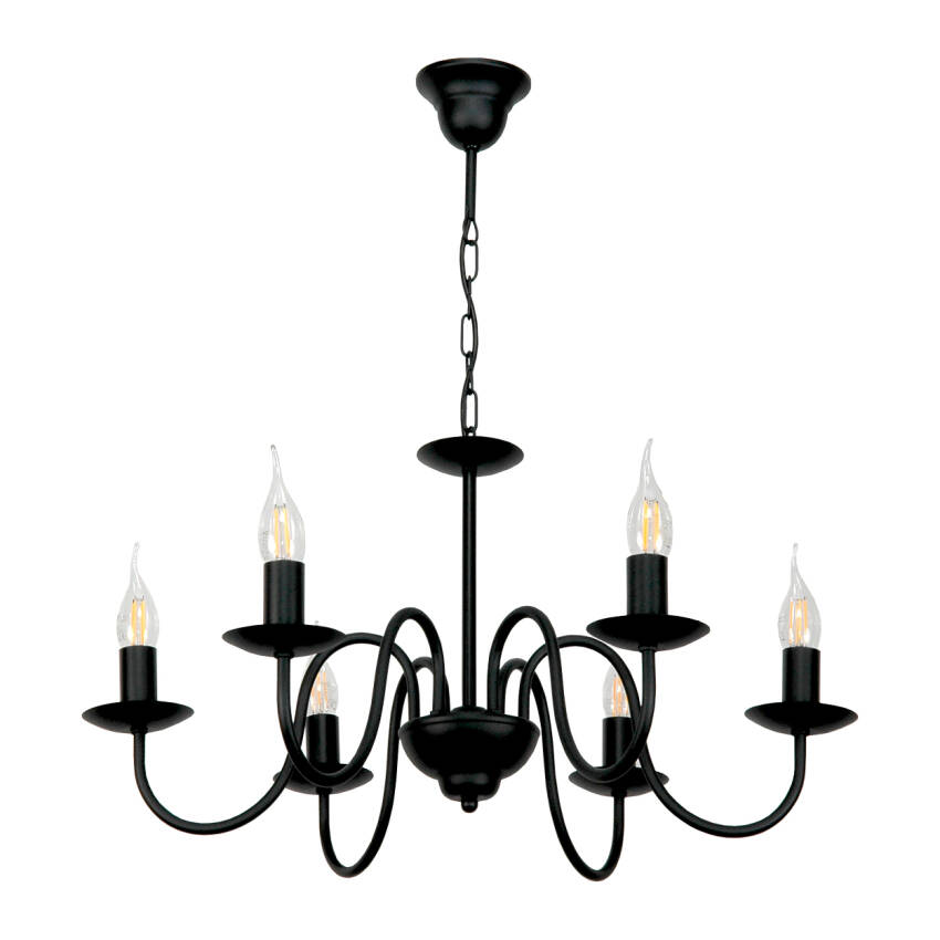 LAMPA WISZĄCA SUFITOWA ŻYRANDOL LED RETRO DO SALONU CZARNA ŁAŃCUCH 6xE14 15-510/6 KANDELE