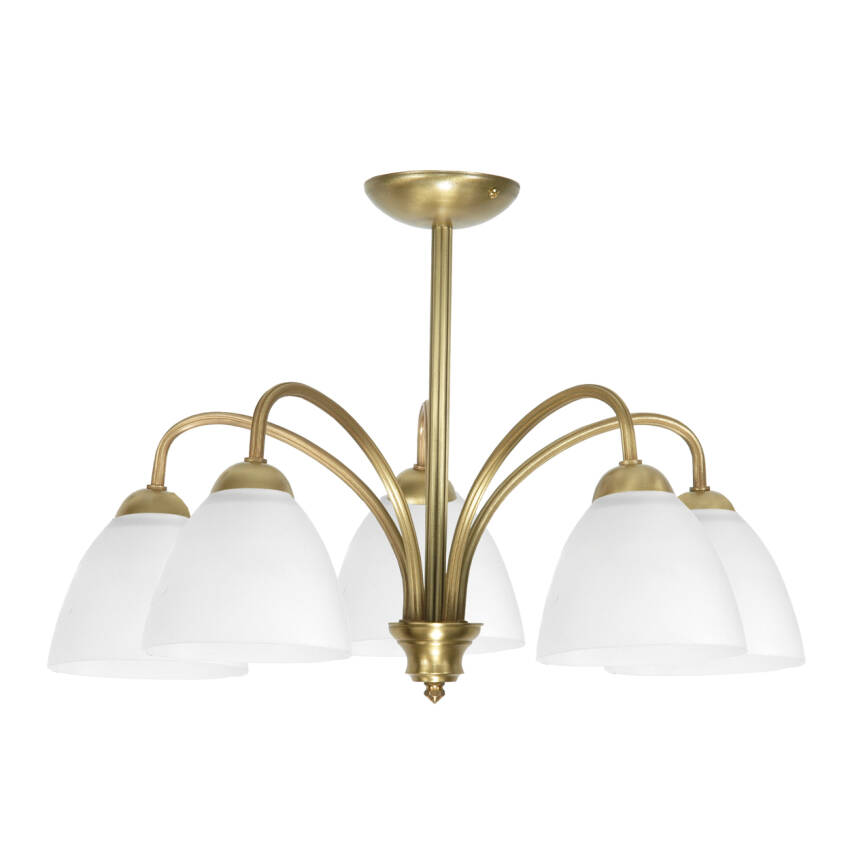 LAMPA WISZĄCA SUFITOWA ŻYRANDOL GLAMOUR DO SALONU ZŁOTA BIAŁE KLOSZE 5xE27 MARABEL 13-380