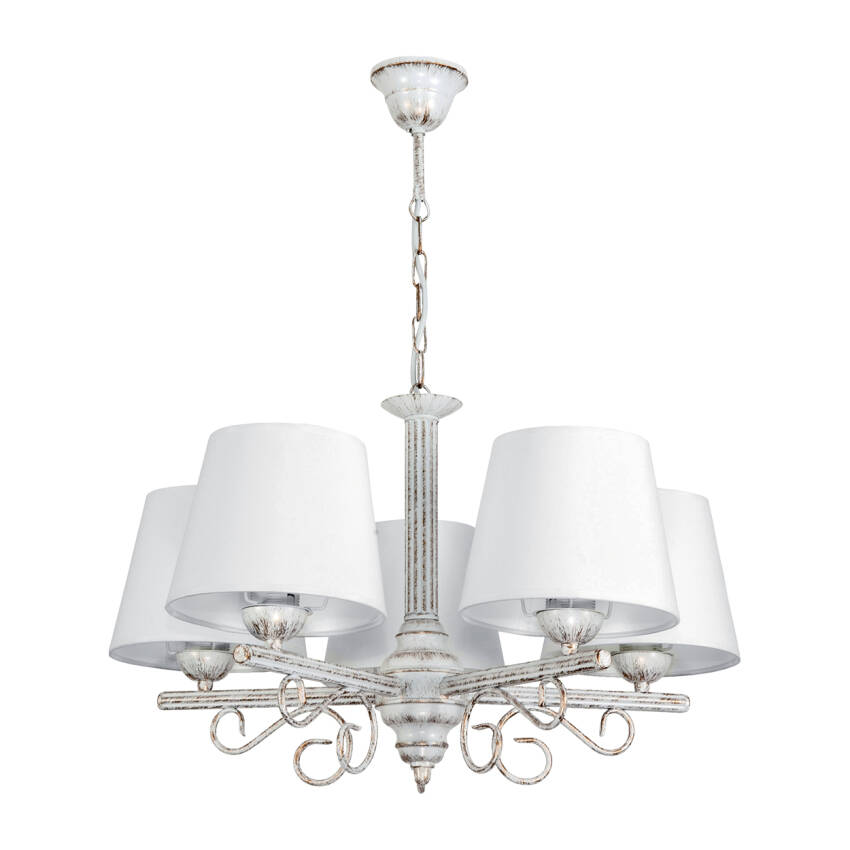 LAMPA WISZĄCA SUFITOWA ŻYRANDOL VINTAGE DO SALONU BIAŁY ABAŻUR RETRO 5xE27 METTE 9-890